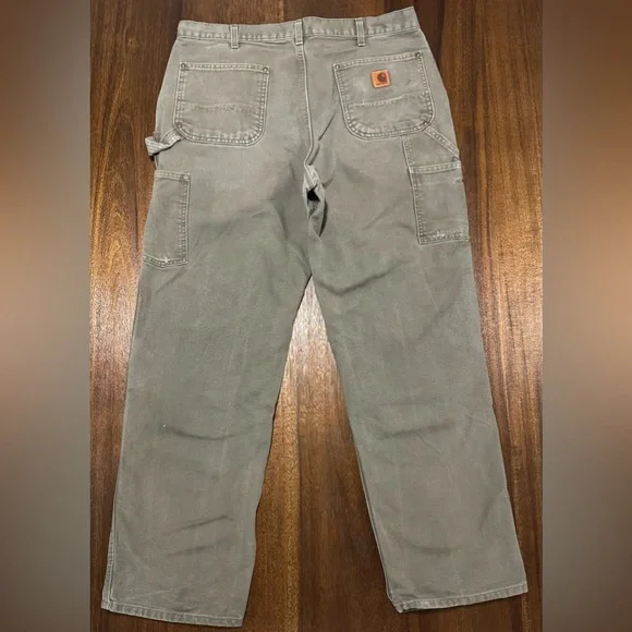 Carhartt Men’s 36X32 Loose Fit Gray Double Knee Canvas Work Pants Distressed